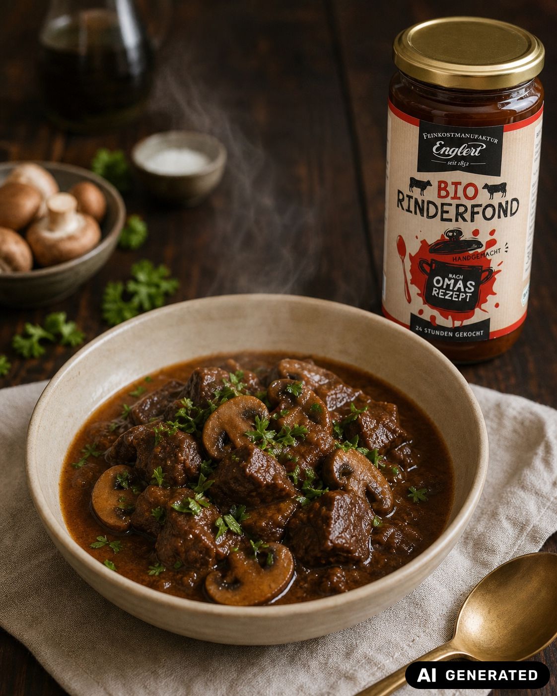 Boeuf Chasseur mit geschmortem Rindfleisch und Champignons neben einem Glas Englert Bio Rinderfond (Mit KI erzeugtes Bild)